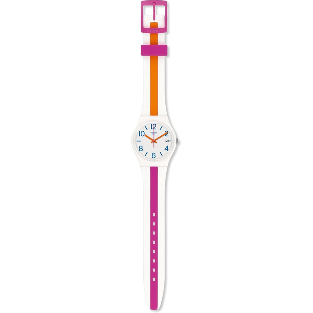 Swatch Originals Pinkline Unisex-Armbanduhr mit weißem Zifferblatt und Silikonarmband GW408