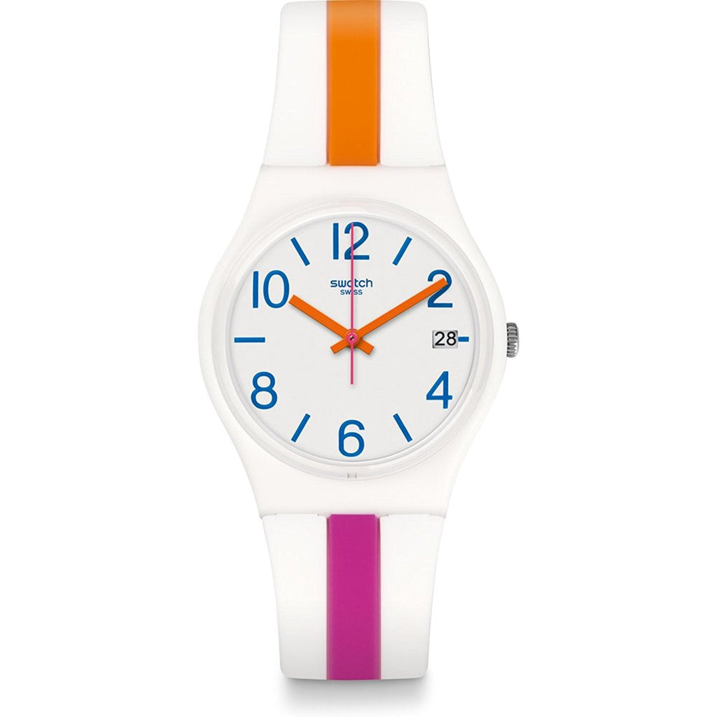 Swatch Originals Pinkline Unisex-Armbanduhr mit weißem Zifferblatt und Silikonarmband GW408