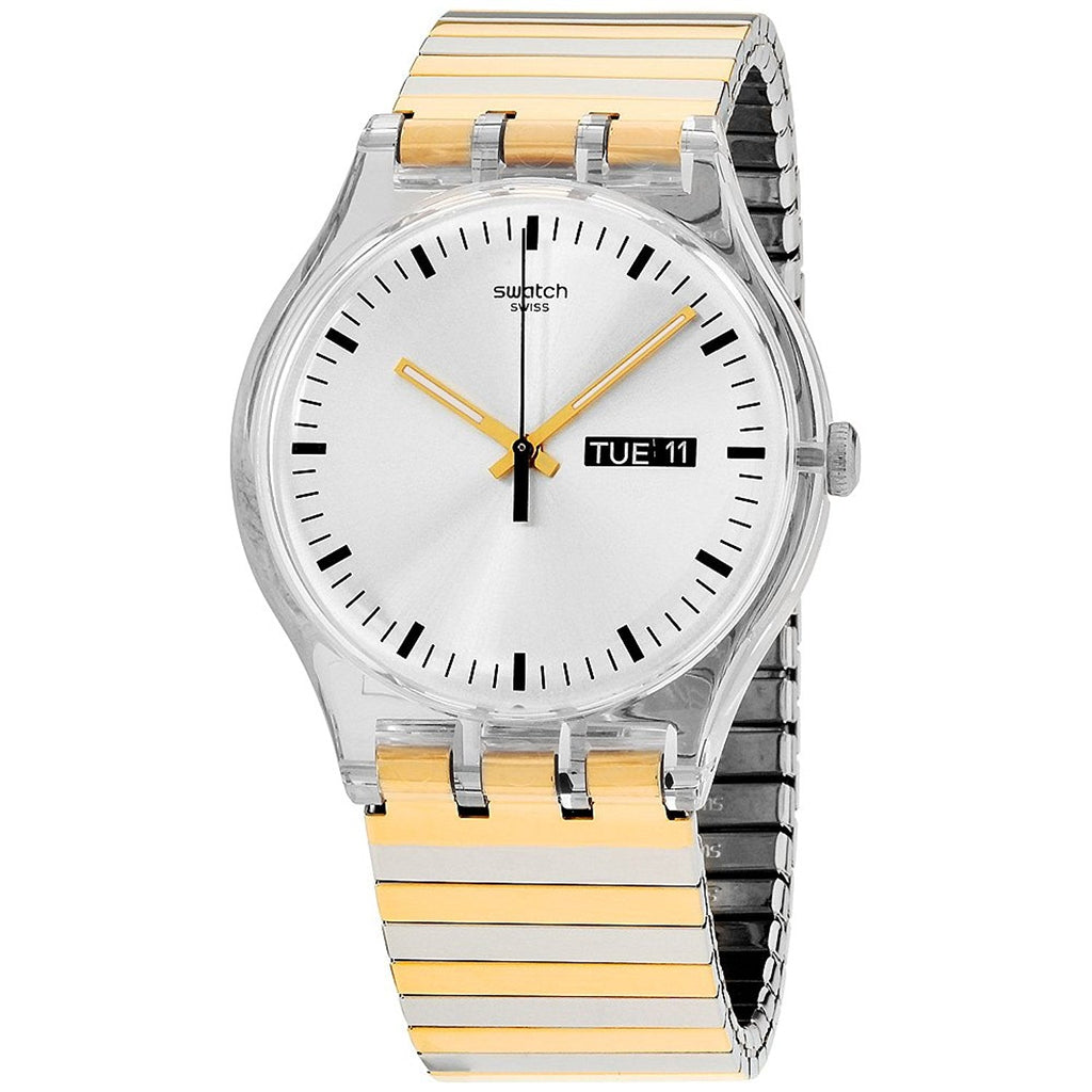 Swatch Originals Distinguo Unisex-Armbanduhr aus Edelstahl mit silbernem Zifferblatt SUOK708B 