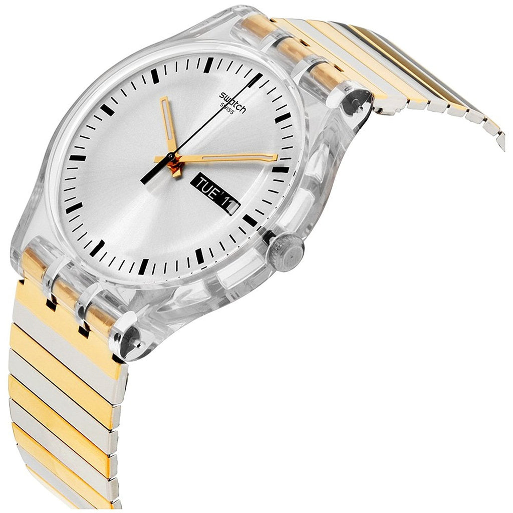 Swatch Originals Distinguo Unisex-Armbanduhr aus Edelstahl mit silbernem Zifferblatt SUOK708B 