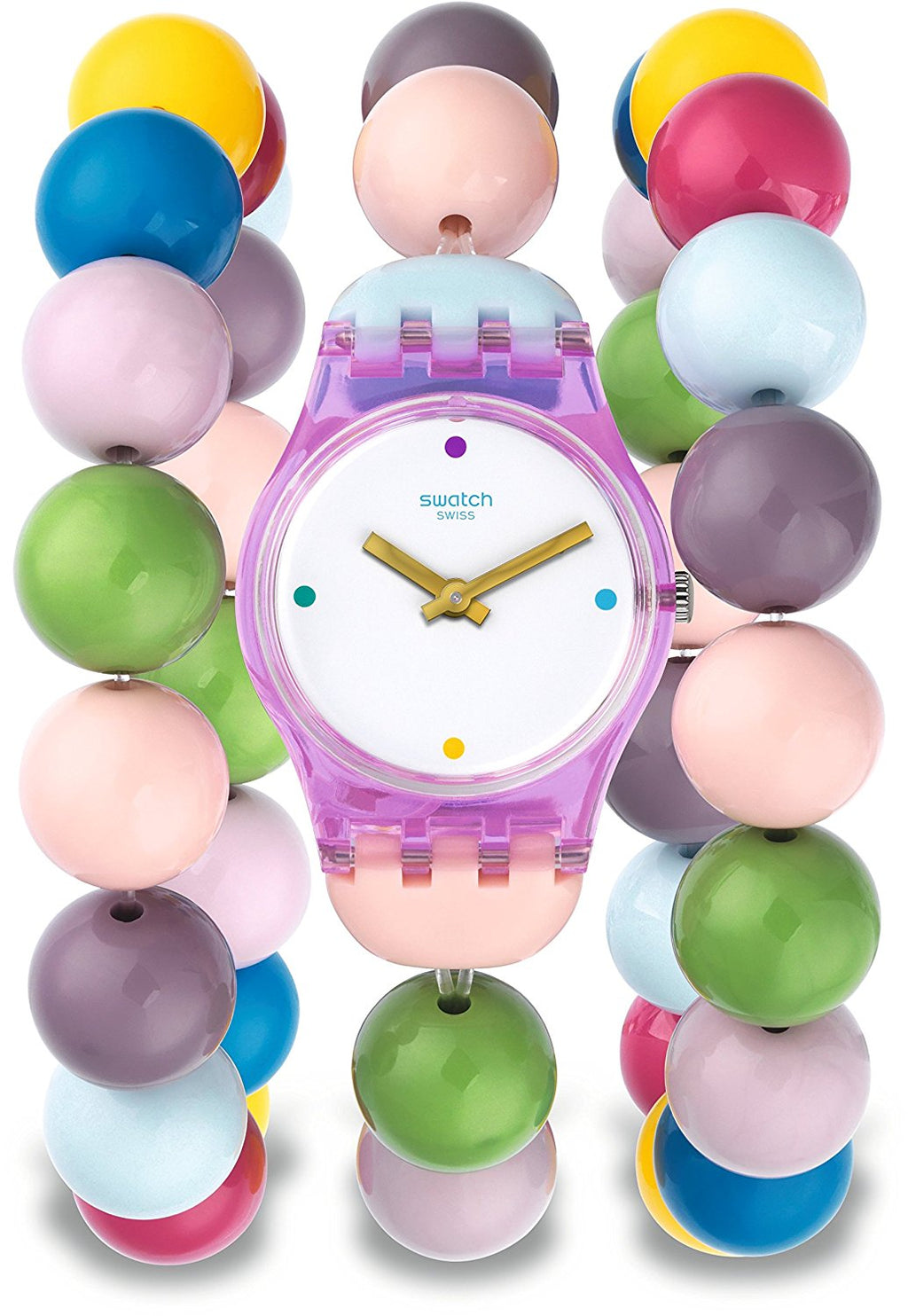 Swatch Originals Party Beads Damenuhr mit weißem Zifferblatt und Kunststoffarmband, LP148B