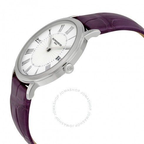 Classima Damenuhr mit weißem Zifferblatt und violettem Lederarmband 10224