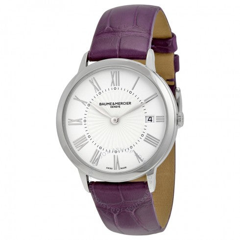 Classima Damenuhr mit weißem Zifferblatt und violettem Lederarmband 10224