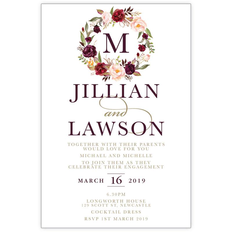 Marsala and gold coloured water colour flower bouquet wreath engagement card